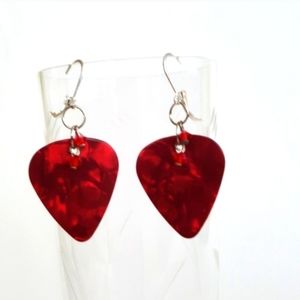 Guitar Picks Red Upcycled Unisex Dangle Clamp Back Earrings Rocker Punk Rock